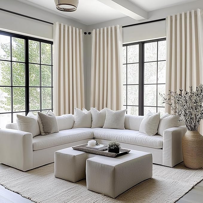 Topfinel 105 Inch Linen Blackout Curtains for Living Room, Modern Neutral Burlap Black Out Thermal Noise Cancelling Curtains，tan Tab Top Rod Pocket 2 Panels Set for Sliding Glass Doors Bay Window