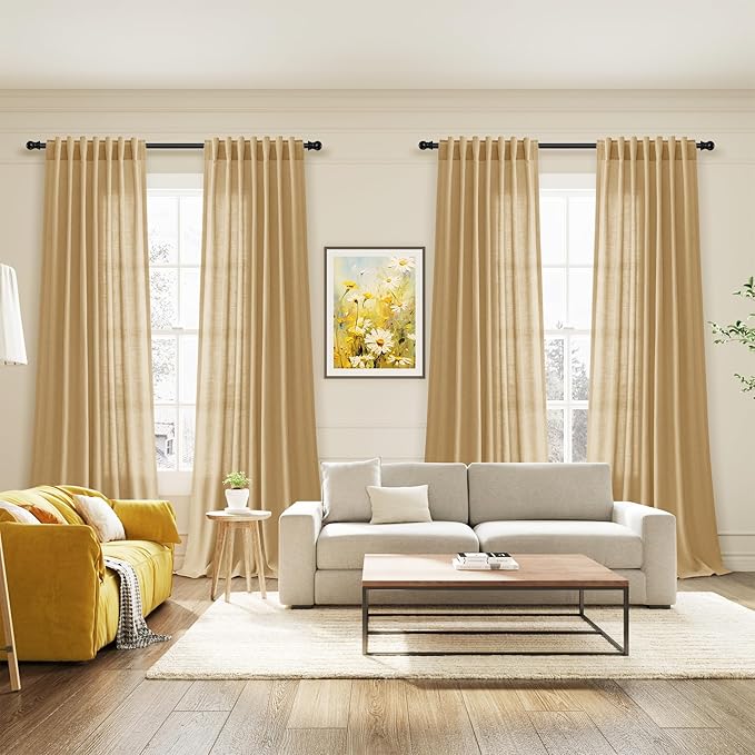 Gold Yellow Linen Curtains 102 Inches Long Rod Pocket Back Tab Drapes 2 Panels Set for Living Room Sheer Light Filtering Semi Sheer Gold Yellow Curtain 102 Length for Patio Sliding Glass Door 52x102