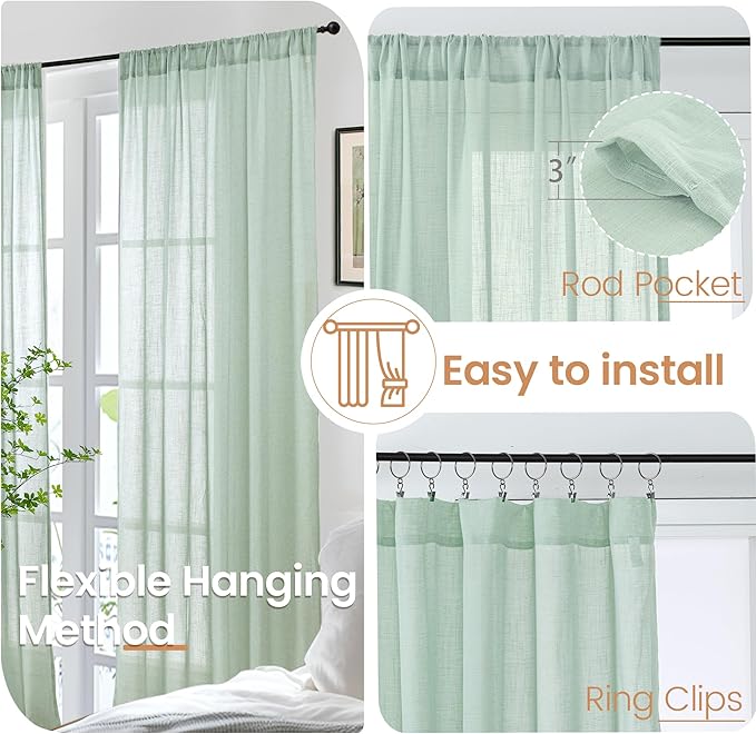BGment Light Green Linen Semi Sheer Curtains 84 Inches Long for Living Room - Spring Boho Sage Drapes Light Filtering Window Treatments Decor with Rod Pocket for Dining Bedroom, 2 Panels, 52 X 84 Inch