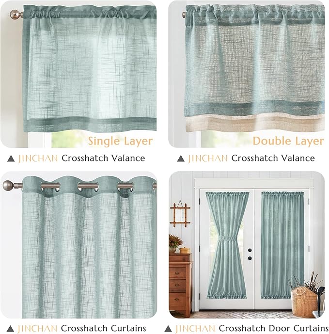jinchan Linen Farmhouse Valances for Living Room Windows 16 Inch Slubbed Crossed Double Layer Window Valances Light Filtering Rustic Country Overlay Rod Pocket 2 Panels Blue Haze