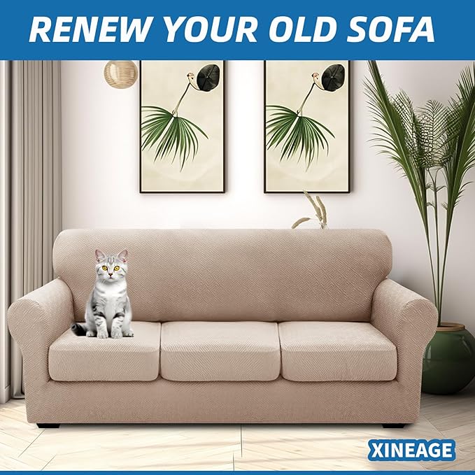 XINEAGE 2026 New 4 Pieces Couch Covers for 3 Cushion Couch Super Stretch Thick Soft Sofa Cover Anti Slip Sofa Slipcover Dogs Cats Furniture Protector (Khaki, 71"-91")