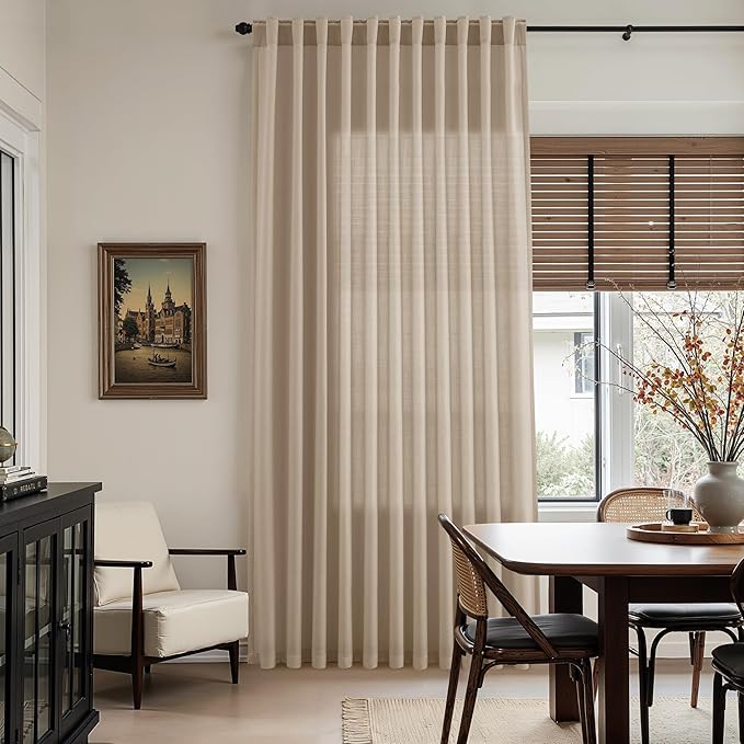 Sepia Beige Linen Curtains 108 Inches Long for Living Room Farmhouse Decor Light Filtering Semi Sheer Curtain Back Tab Rod Pocket Neutral Floor to Ceiling High Window for Bedroom 52x108, 2 Panels