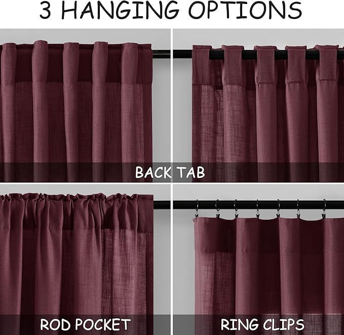 Burgundy Linen Curtains 90 Inch Long 2 Panels Set for Bedroom Living Room Linen Textured Window Drapes Semi Sheer Light Filtering Rod Pocket Back Tab Cotton Textured Farmhouse Curtain 52x90