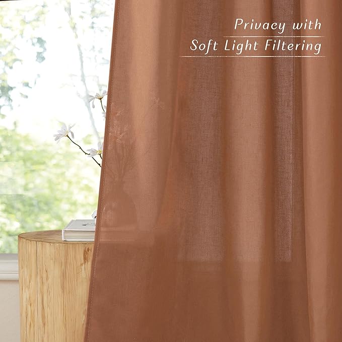 NICETOWN Caramel Linen Curtains for Kitchen, Thick Flax Small Window Treatments Semi Sheer Privacy Assured with Light Through for Cafe/Bathroom, W55 x L132, 2 Panels
