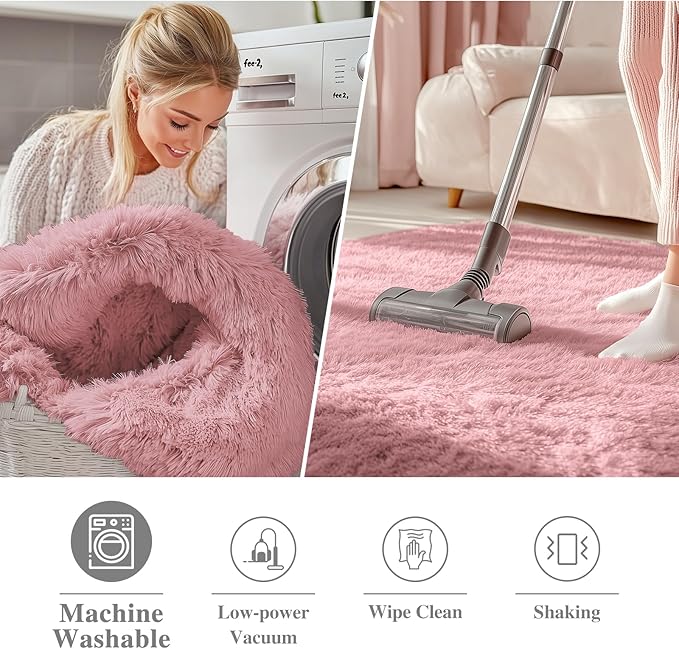 OLANLY Pale Pink Round Rugs for Bedroom - Machine Washable, 2 ft Circle Area Rugs for Living Room, Soft and Fluffy Shaggy Carpet for Teen Girls and Boys, Nursery Rooms, Dorms, Home Decor Aesthetic