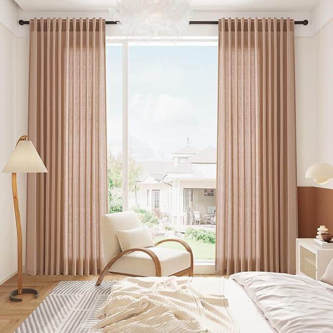 Extra Long Peach Linen Curtains 120 Inch for Girl Kids Bedroom 2 Panels Set Rod Pocket Back Tab Light Filtering Semi Sheer Soft Drapes Privacy High Ceiling Drapes Farmhouse Dinner Room 52x120