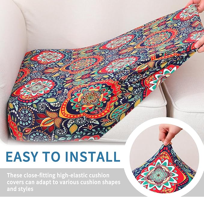 hyha Printed Couch Cushion Covers, Floral Sofa Covers Washable for 2 Cushion Couch, Stretch Pattern Outdoor Cushion Covers for Patio Furniture with Elastic Bottom(2 Packs, Mandala Floral)
