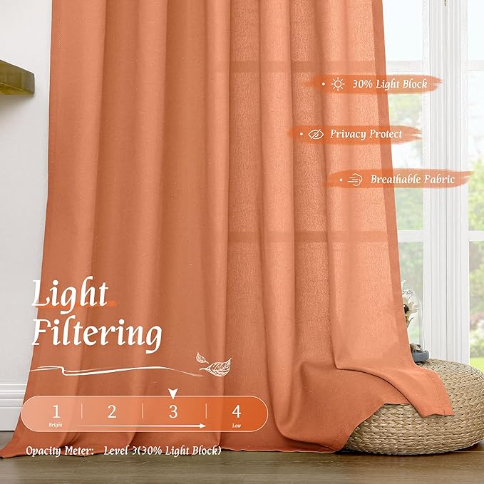 LAMIT Linen Blended Window Curtains 63 inch Length for Bedroom, Soft Thick Light Filtering Curtain Panles with Rod Pocket Privacy Drapes for Living Room, 2 Panels Set, 52 x 63 Inch, Terracotta