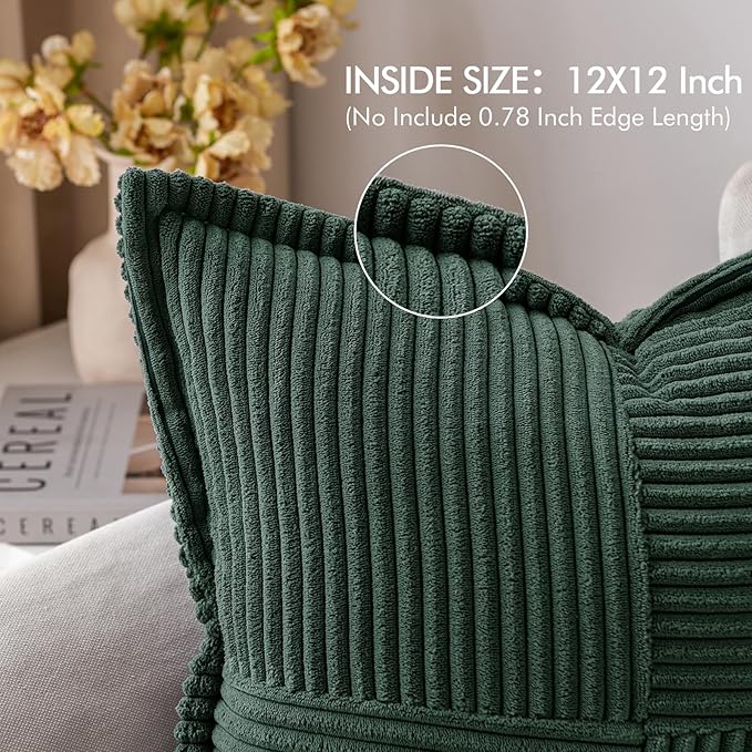 MIULEE Decorative Throw Pillow Covers for Couch Bed Livingroom 12x12 Inch Set of 2 Dark Green Boho Accent Throw Pllows Broadside Striped Patchwork Soft Corduroy Pillowcases