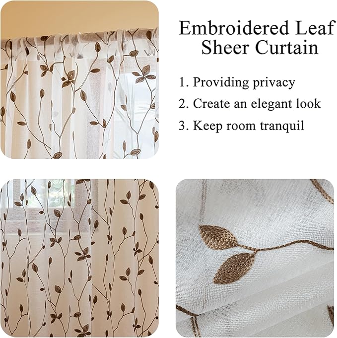 AmHoo 2 Panels Embroidered Leaf Pattern Semi Sheer Curtains Foliage Floral Voile Window Draperies Treatment for Bedroom Living Room Rod Pocket White Brown 53 x 63 Inch