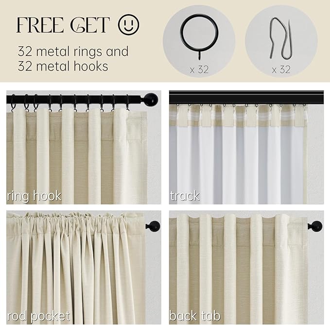 Topfinel 94 Inches Long Cream Colored Custom Blackout Linen Curtains, Ivory Pinch Pleated Noise Cancelling Curtains with Pin Hooks for Traverse, Burlap Viral Drapes 2 Panels for Living Room Bedroom