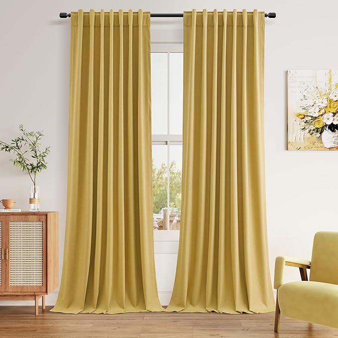 Gold 100% Blackout Linen Curtains 108 Inch Length 2 Panels Set for Living Room Bedroom Back Tab Thermal Insulated 100% Black Out Drapes Room Darkening Farmhouse Style for Bedroom Window Curtains