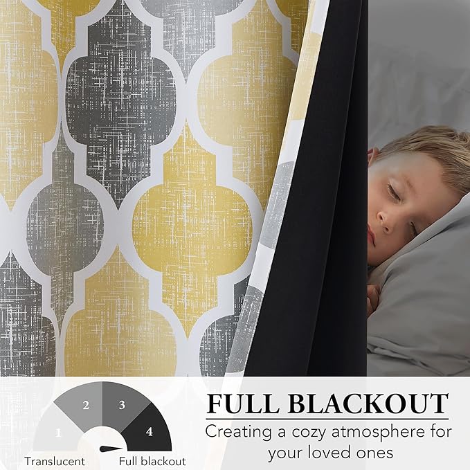 Beauoop 100% Blackout Curtains 90 Inches Long 2 Panels for Bedroom Living Room Yellow Grey Moroccan Geo Room Darkening Thermal Insulated Soundproof Grommet Top Window Treatments Drapes, 50x90 Set of 2
