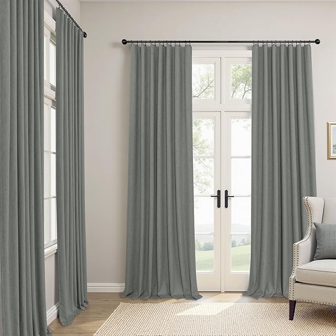 Charcoal Grey Curtains for Bedroom 2 Panel Set 63 Inch Length 100% Blackout Linen Look Thermal Insulated Light Blocking Darkening Bay Window Curtains for Boys Nursery Living Room Bathroom Dark Gray