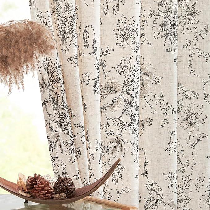 jinchan Linen Blend Curtain Floral Curtains for Living Room 54 Inch Length Black Printed Curtain Rod Pocket Back Tab Farmhouse Peony Flower Patterned Drapes Bedroom Window Curtains Set 2 Panels