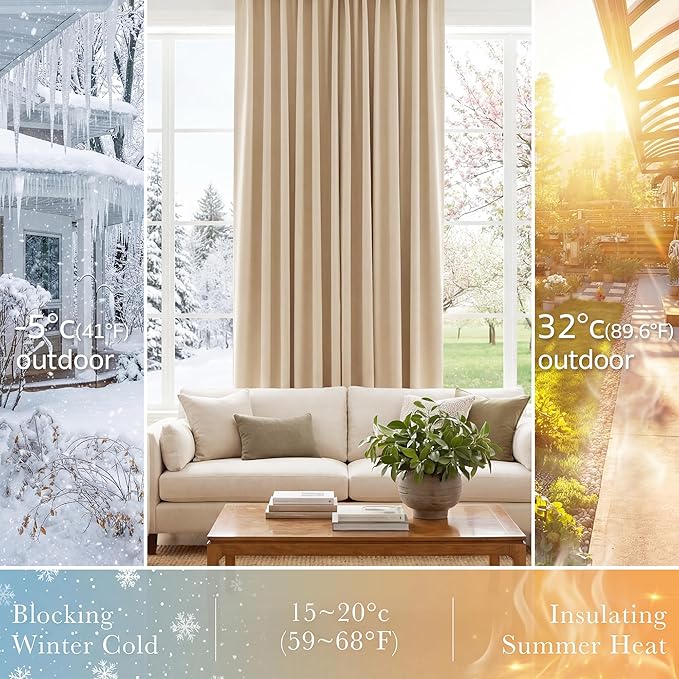 PONY DANCE Kitchen Window Curtains - Light Block Home Decor Back Tab and Rod Pocket Draperies Heavy-Duty Thermal Insulated Curtain Panels, W 52 x L 45 Inches, Biscotti Beige, 2 Pieces