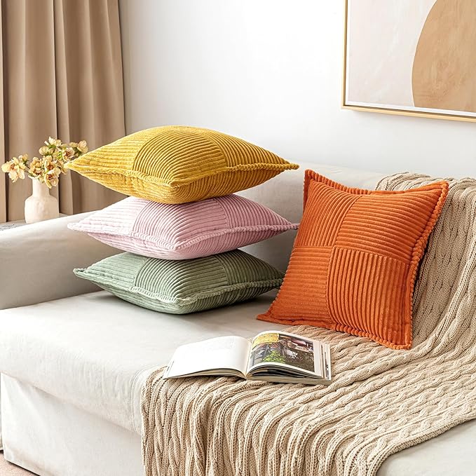 MIULEE Spring Decorative Throw Pillow Covers for Couch Bed Livingroom 18x18 Inch Set of 2 Pink Boho Accent Throw Pllows Broadside Striped Patchwork Soft Corduroy Pillowcases Valentine Decor