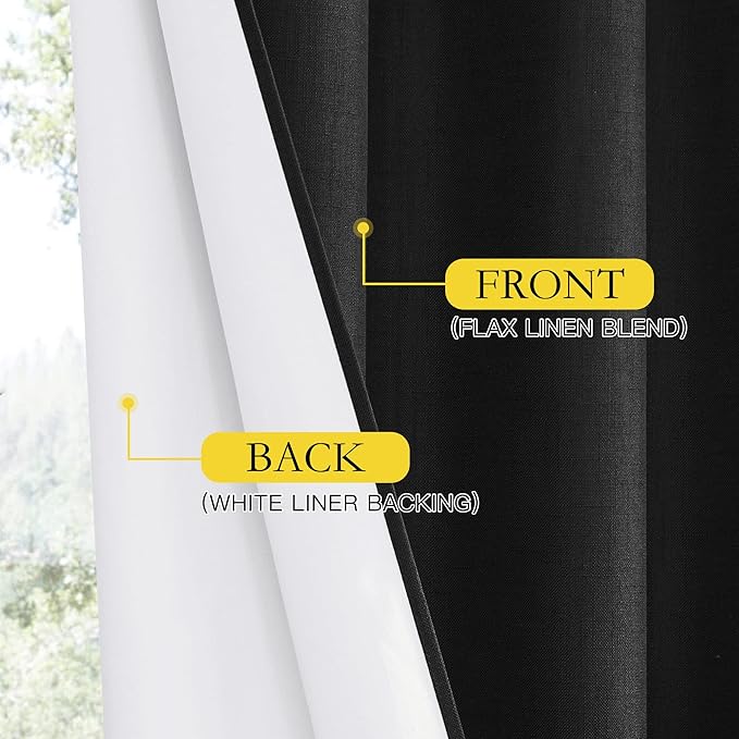 NICETOWN Vintage Open Linen Weave Flax Thermal Curtains, 100% Blackout Curtains 48 inches Long for Dining Room, Soundproof Window Treatment Drapes for Cupboard, Black, 34" Wide Per Panel, Set of 2