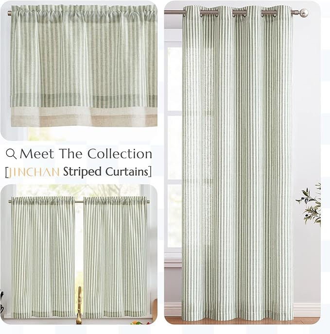 jinchan Linen Valance Curtain Striped Small Window Curtain Double Layer Light Filtering Modern Farmhouse Valance for Kitchen Living Room Bedroom 18 Inch Rod Pocket 1 Panel Green on Beige