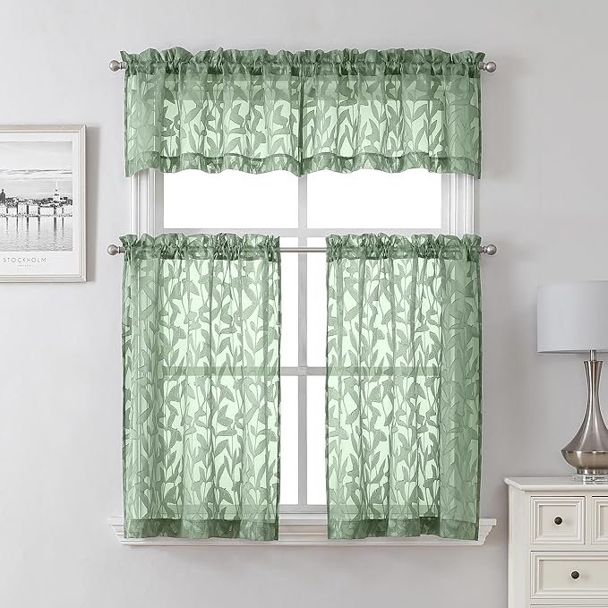 Lecloud Leia 14 Inch Sage Valance for Window Green Sheer Curtains 2 PCS, Jacquard Texture Leaves Semi Voile Living Room Curtain for Small Window, Dual Rod Pockets Bedroom Kitchen Valance, 38W x 14L