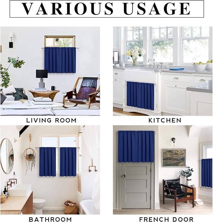 RYB HOME Short Marine Blue Blackout Curtains for Small Bedroom Window, Insulating UV Blocking Drapes for Kitchen Cafe Basement, Privacy Tiers for Bathroom Window, Width 42 by Length 36, Set of 2