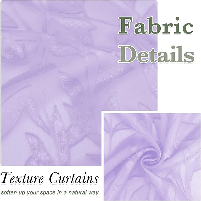 Lecloud Leia 2 PCS Light Purple Sheer Kitchen Curtains 36 Inch Length, Breathable Clip Textured Leaf Cafe Bedroom Voile Curtain Tiers, Dual Rod Pockets Jacquard Bathroom Bedroom Drapes, 38 W x 36 L