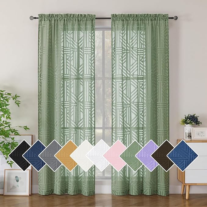 Simplebrand Sage Green Semi Sheer Curtains 84 Inches Long 2 Panels, Light Filtering Geometric Jacquard Clip Textured Sheer Curtains for Bedroom，Modern Elegant Window Curtains Drapes，42x84 inch