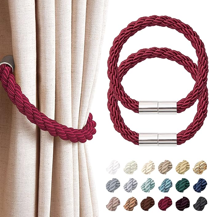 NICEEC 2 Pack Strong Magnetic Curtain Tiebacks Modern Simple Style Drape Tie Backs Convenient Decorative Weave Rope Curtain Holdbacks for Thin or Thick Home & Office Window Draperies (Wine Red)