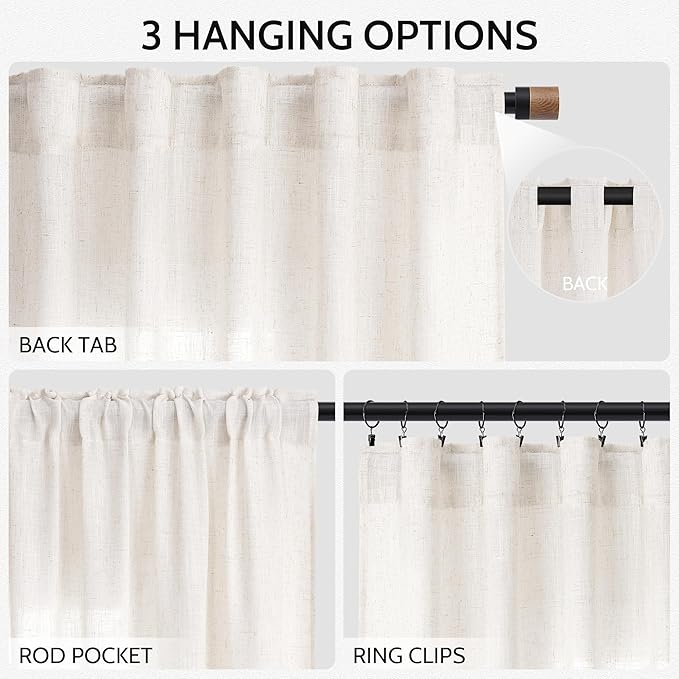 Nanspring Ivory White Curtains 80 Inches Length for Living Room Back Tab Rod Pocket Semi Sheer Linen Drapes Muted Neutral Boho Linen Window Curtain for Bedroom/Dining Room 52X80 Inches