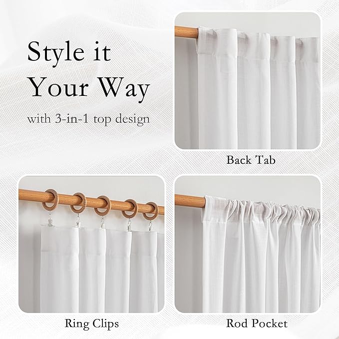MYSKY HOME White Sheer Curtains 63 inch length Semi Sheer Curtains for Bedroom Light Filtering Short Window Treatment Privacy Protect Drapes Set, Back Tab Boho Farmhouse Linen Soft, 50" Wide, 2 Pieces