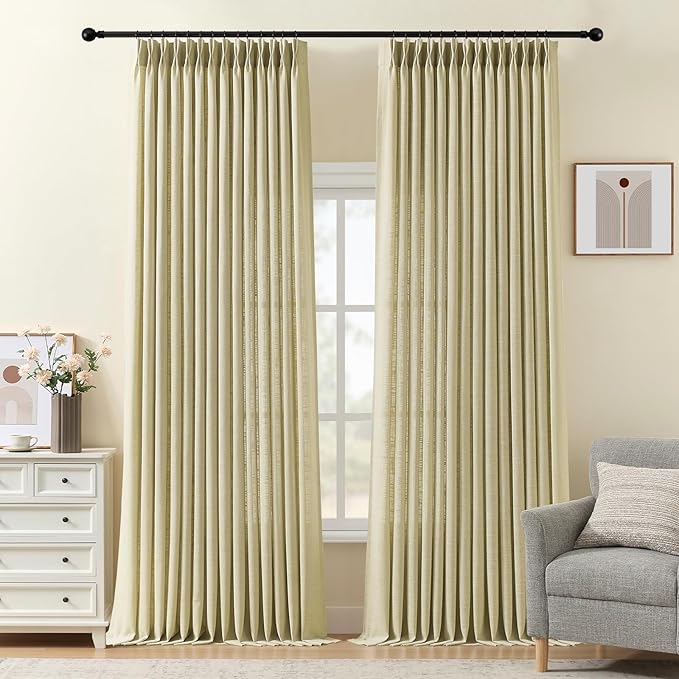 IVAPUPU 96 Inch Linen Curtains 2 Panel Set for Living Room, Pinch Pleated Semi Sheer Curtain Rustic Textured Light Filtering Memory Trained Drapes with Hook for Bedroom Office, Grey Beige, W40xL96