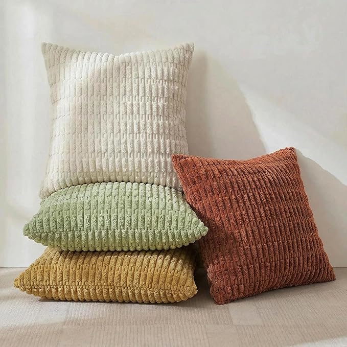 Fancy Homi 4 Packs Boho Fall Decorative Throw Pillow Covers 20x20 Inch for Living Room Couch Bed Sofa, Rustic Farmhouse Home Decor, Soft Plush Striped Corduroy Square Cushion Case 50x50 cm