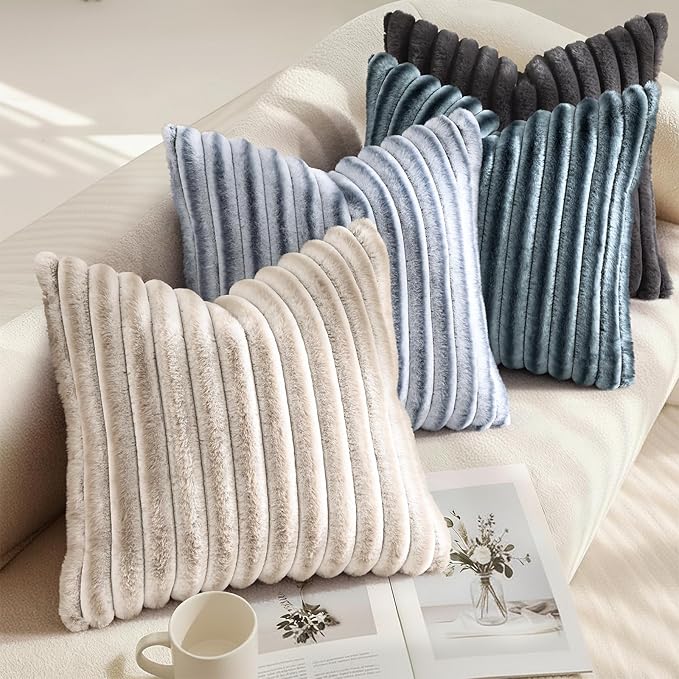 decorUhome Cozy Faux Fur Throw Pillow Covers 22x22 Set of 2 Decorative Soft Plush Striped Modern Farmhouse Boho Couch Euro Sham Pillow Cases with Velvet Back for Sofa Bed Living Roomr, Grey White