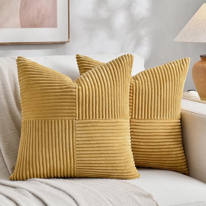 Fancy Homi 2 Packs Mustard Yellow Euro Decorative Throw Pillow Covers 26x26 Inch for Living Room Couch Bed, Farmhouse Boho Home Decor, Soft Corss Corduroy Patchwork Square Cushion Case 66x66 cm