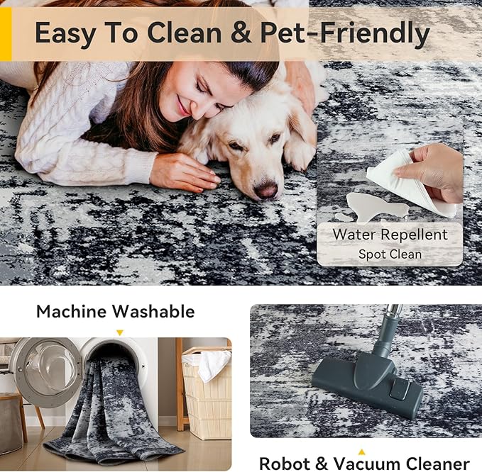 Washable Area Rugs 6'x9' Non-Slip Modern Abstract Soft for Living Room Entryway Bedroom Nursery, Print Pattern, Black Navy Blue Gray