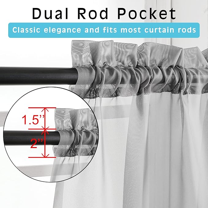 OVZME Charcoal Grey Sheer Curtains 36 inches Long, Short Kitchen Window Treatment Solid Sheers Cafe Curtains Bathroom Voile Half Window Curtains 2 Panels, Rod Pocket, 42" Wx36 L