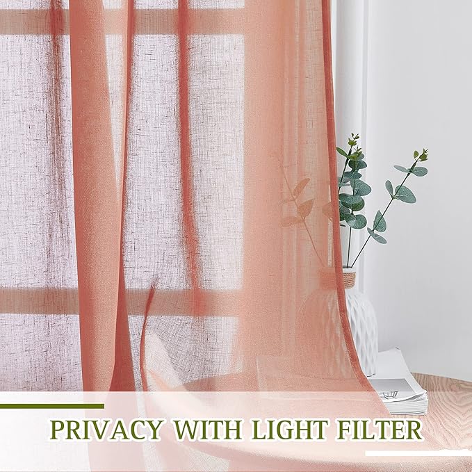 NICETOWN Linen Sheer Burnt Orange Curtains, Grommet Decorative Rustic Farmhouse Linen Blend Curtains & Drapes Privacy with Light Through for Bedroom/Living Room, W52 x L90, 1 Pair
