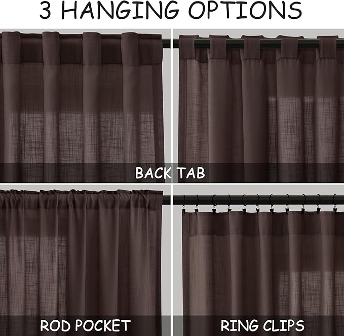 Nanspring Coffee Linen Curtains for Living Room Back Tab Rod Pocket Semi Sheer Curtain 63 Inches Long 2 Panel Set Boho Light Filtering Neutral Farmhouse Lightweight Drapes for Bedroom 52x63