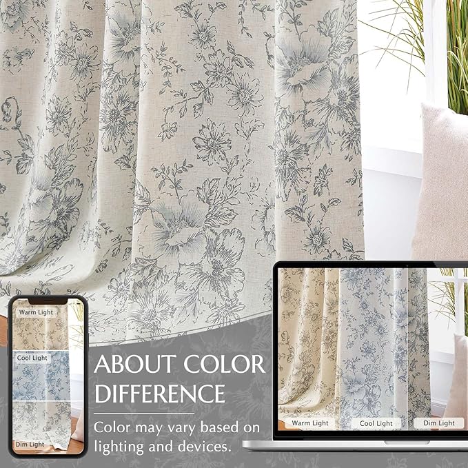 jinchan Blackout Floral Curtains for Living Room Bedroom Linen Blend Curtain Farmhouse Grey Printed with Lined Back Tab Rod Pocket Drapes Window Treatments 2 Panels 96 Inch Gray