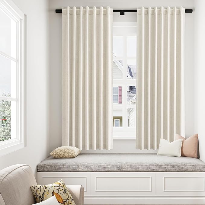 Guken 100% Blackout Linen Curtains 63 Inch Length 2 Panels Set for Living Room Bedroom Back Tab Thermal Insulated Black Out Drapes Room Darkening Farmhouse Style for Bedroom Window Curtains 52x63