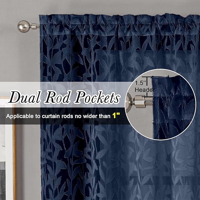 Lecloud Leia Navy Blue Sheer Valances for Windows 16 Inch Length 2 Pcs, Dual Rod Pocket Jacquard Leaf Textured Short Curtains, Kitchen Curtains Drapes for Cafe Bathroom RV, Each Panel 28" W x 16" L
