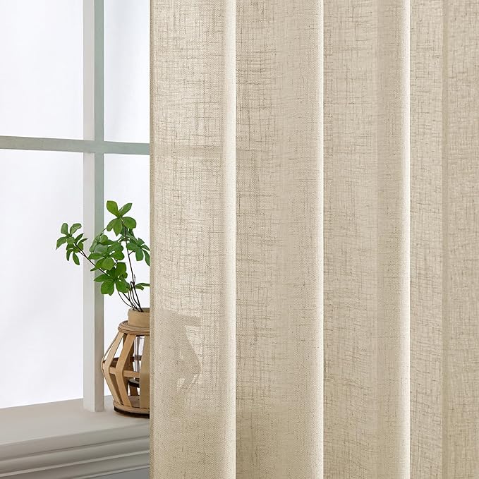 MIULEE Short Linen Curtains 45 Inch Length 2 Panels for Kitchen Bedroom Bathroom, Soft Thick Linen Textured Back Tab Window Drapes Semi Sheer Light Filtering Rod Pocket Modern Farmhouse Decor