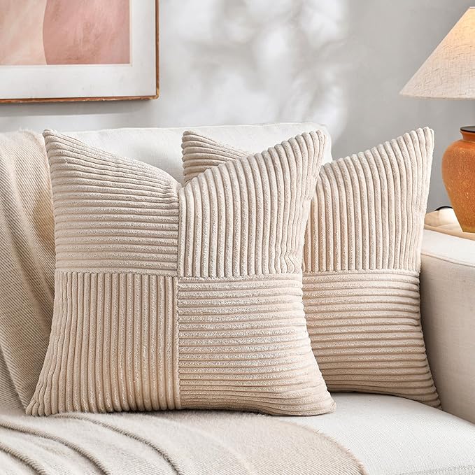 Fancy Homi 2 Packs Tan Decorative Throw Pillow Covers 18x18 Inch for Living Room Couch Bed, Rustic Farmhouse Boho Home Decor, Soft Corss Corduroy Patchwork Textured Square Beige Cushion Case 45x45 cm
