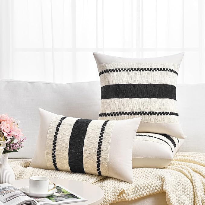Fancy Homi Set of 1 Boho Black Lumbar Decorative Throw Pillow Cover 12x20 Inch for Couch Bed Sofa Chair, Modern Organic Farmhouse Home Decor, Soft Cotton Cute Accent Rectangle Cushion Case