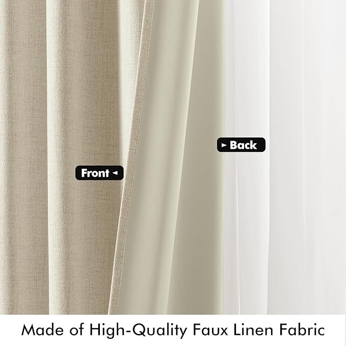 MIULEE 100% Blackout Linen Curtains for Bedroom, Cream Solid Luxury Decor Thermal Insulation Room Darkening Drapes for Living Room Nursery Back Tab Rod Pocket 42 x 90 Inches, 2 Panels