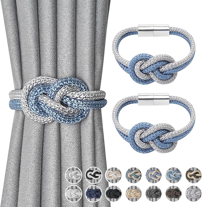 NICEEC 2 Pack Mini Magnetic Curtain Tiebacks Nordic Simple Style Drape Tie Backs Elegant Hand Weave Rope Knot Decorative Curtain Holdbacks for Home & Office Thin Window Drapery (Blue & Grey)