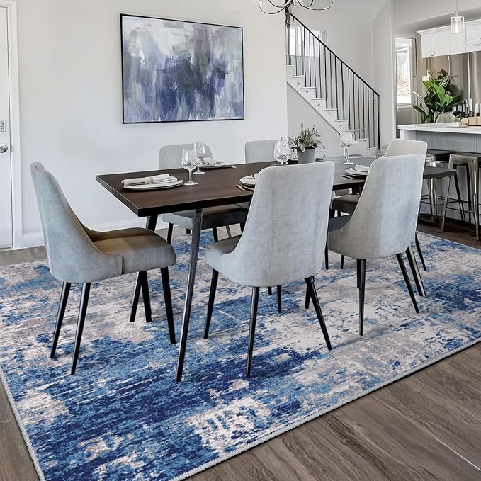 Washable Area Rugs 6'x8' Non-Slip Modern Abstract Soft for Living Room Entryway Bedroom Nursery, Print Pattern, Blue Grey Navy Gray