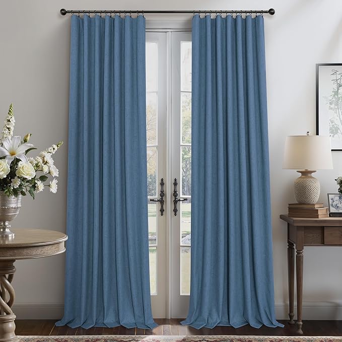 Denim Blue Living Room Black Out Curtains 63 Inch Long Insulated Thermal Darkening Kitchen Drape for Windows Over Sink Boho Linen Textured Blackout Curtain for Dining Room Kids Bedroom Basement Office