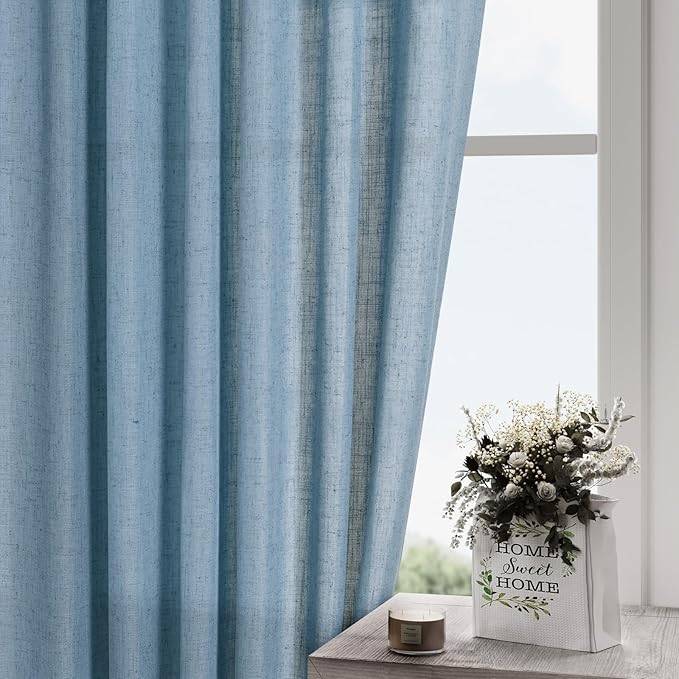 Dusty Blue Linen Curtains 92 Inch Length 2 Panels Set for Living Room Back Tab Rod Pocket Pinch Pleated Window Curtain Drapes Neutral Rustic Farmhouse Decor Dining Room Curtain 92 Inches Long