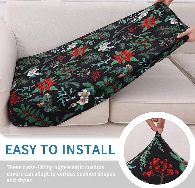 hyha Printed Couch Cushion Covers, Floral Sofa Covers Washable for Cushion Couch, Stretch Pattern Outdoor Cushion Covers for Patio Furniture with Elastic Bottom(Back Cover L, Christmas Botanical)